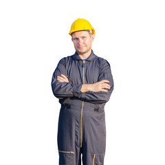Engineer, worker man in hard hat with crossed arms
