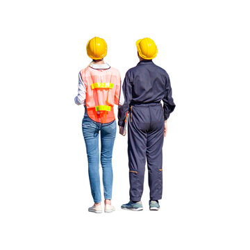 Female Engineer And Worker Man In Hard Hat