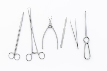 Medical steel equipment tools. Dental or surgical instruments