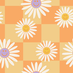 Illustration of seamless pattern floral pattern in retro style. Smiling flowers on a colored background. Cute style.