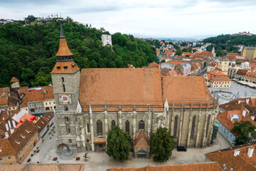 Fototapeta premium Aerial drone view of the The Black Church in old Brasov centre, Romania