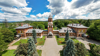 Fototapeta na wymiar Aerial drone view of the Episcopal Church in Curtea de Arges Monastery in Romania