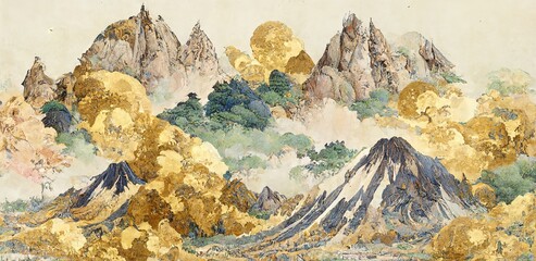 Distant golden mountains, forest, sun. Traditional Oriental ink painting. 3d artwork