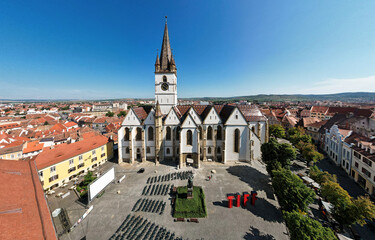Aerial drone view of the Sibiu Lutheran Cathedral, Romania - obrazy, fototapety, plakaty