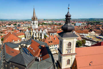 Aerial drone view of the Sibiu Lutheran Cathedral, Romania - obrazy, fototapety, plakaty