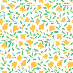 Fototapeta na wymiar Seamless pattern with textured floral composition on a white surface. Design for ditsy print, botanical background with rustic motifs. Abstract pattern of small yellow flowers, leaves on twigs. Vector