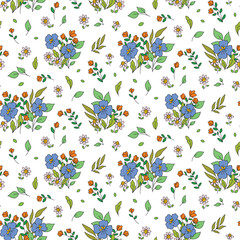 Seamless floral pattern, pretty ditsy print with contour plants on a white surface. Botanical background design, textile with small plants, hand drawn wild flowers, leaves, herbs. Vector.