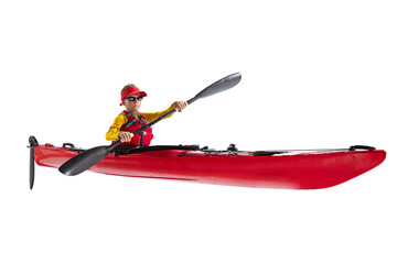 Beginner kayaker in red canoe, kayak with a life vest and a paddle isolated on white background....
