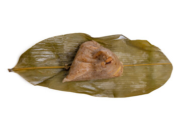 Top view Chinese food rice dumpling, zongzi on white background.