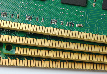 RAM pins closeup. PC memory planks fragment.