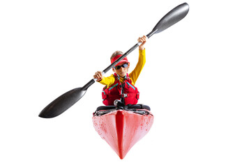 Beginner kayaker in red canoe, kayak with a life vest and a paddle isolated on white background. Concept of sport, nature, travel, active lifestyle - obrazy, fototapety, plakaty
