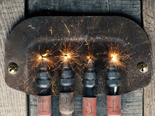 Fourth Advent background with four spark plugs on rusty sign, car workshop advent