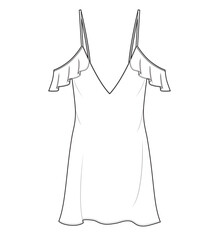 womens cold shoulder slip dress flat sketch vector illustration. cad mockup.