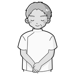 おじぎをする白衣を着たシニア男性のイラスト