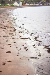 Closeup of purple grey ocean waves with seaweed on Stranraer beach Scotland in the Winter