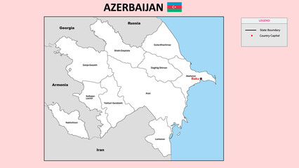 Azerbaijan Map. State and district map of Azerbaijan. Administrative map of Azerbaijan with district and capital in white color.