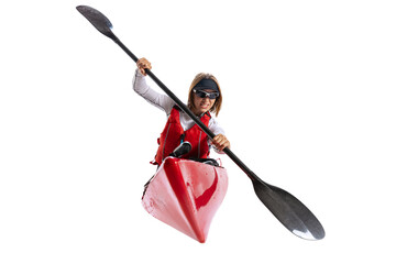 Water sport activities. Athlete in red canoe, kayak with a life vest and a paddle isolated on white...