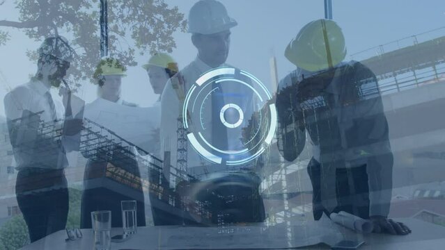 Animation of clock moving over diverse engineers with plan and construction site