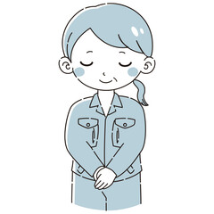 おじぎをする作業服を着たシニア女性のイラスト