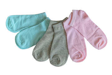 pink, gray and blue socks isolated on white