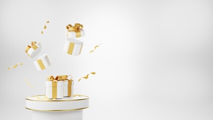 Christmas 3d style Product podium scene with flying falling white gift box with gold bow. Merry Christmas and New Year concept.