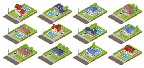 Isometric set of private houses, villas or cottage. Cottage, small town, house, swimming pool