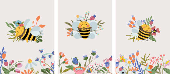 Fototapeta na wymiar Vector cute composition with wildflowers flowering and honey bees on pastel background. Composition for your greeting cards, label, postcard. Vector Illustration.