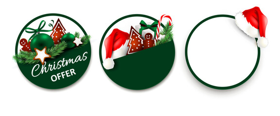 Round label set with christmas decoration. Santa hat, gingerbread man, cookies, gifts and fir twigs - obrazy, fototapety, plakaty