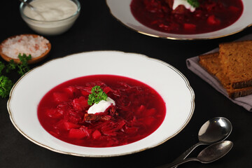 A plate with Ukrainian national dish - borsch