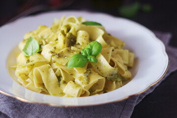 Tagliatelle pasta with pesto sauce