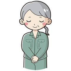 おじぎをする作業服を着たシニア女性のイラスト