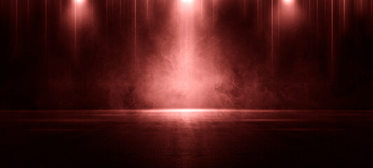 A dark empty street, dark red background, an empty dark scene, neon light, spotlights The asphalt floor and studio room with smoke float up the interior texture. night view © chiew