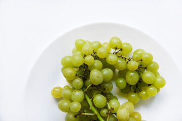A bunch of green grapes on a white plate close-up.