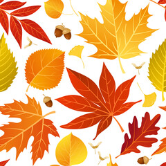 Autumn colorful leaves. Vector seamless pattern with fall oak leaf, acorns, maple, chestnut, poplar. Background for textile, print, wallpaper, wrapping paper, web, greeting card. Forest elements
