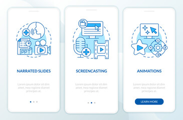 Obraz na płótnie Canvas Online video methods blue onboarding mobile app screen. Walkthrough 3 steps editable graphic instructions with linear concepts. UI, UX, GUI template. Myriad Pro-Bold, Regular fonts used