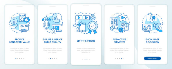 Fototapeta na wymiar Elearning video tips blue onboarding mobile app screen. Walkthrough 5 steps editable graphic instructions with linear concepts. UI, UX, GUI template. Myriad Pro-Bold, Regular fonts used