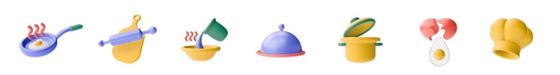 3d render illustration. Collection of icons on the theme of cooking food. Simple symbol for web and app. Modern trendy design.  Transparent background, format png
