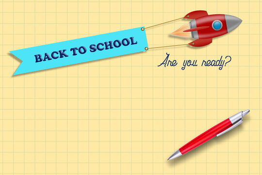 Space rocket, with a flag, with the words Back to School. On an ellow background. Concept of the new school year. Education.
