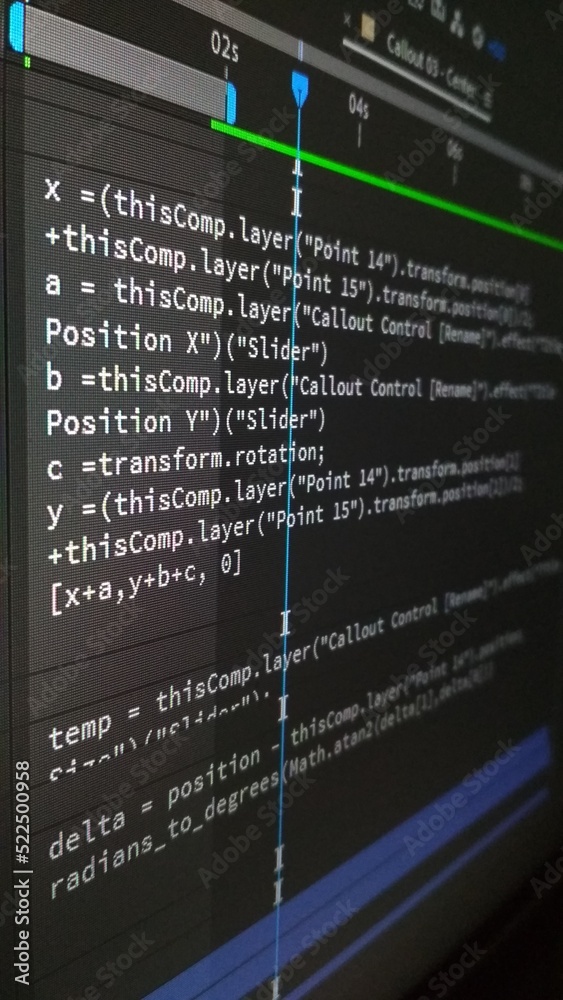 Wall mural close up view of expression code in adobe after effects software