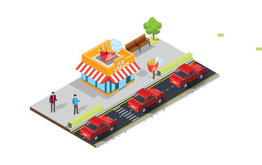 Street food cafe on the sidewalk. Vector Isometric Illustration Suitable for Diagrams, Infographics, And Other Graphic assets Editable in 10 EPS