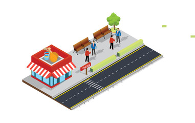 Street food cafe on the sidewalk. Vector Isometric Illustration Suitable for Diagrams, Infographics, And Other Graphic assets Editable in 10 EPS