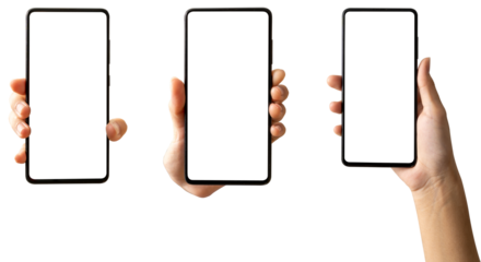 Hand holding black smartphone, isolated empty free space mock up for design work