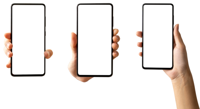 Hand holding black smartphone, isolated empty free space mock up for design work