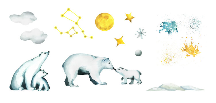 Watercolor hand drawn set of illustrations with white bears, stars, constellations, moon and splashes isolated on white background.