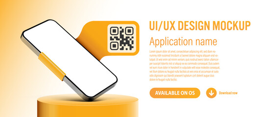 Smartphone mobile app template with blank screen on podium - description and download link with QR code on ribbon included