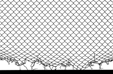 Damage wire mesh of fence silhouette isolated on white background