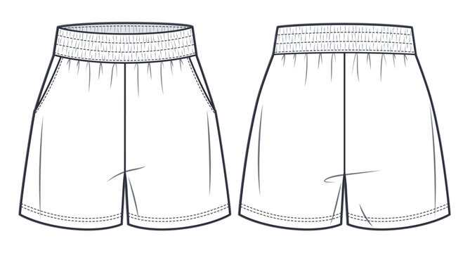 Unisex sweat Shorts technical fashion illustration. Short Pants fashion flat template, elastic waist, front and back, white colour. Sportswear unisex CAD mock-up.