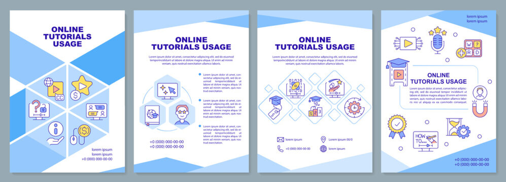 Online tutorials usage brochure template. E learning. Leaflet design with linear icons. Editable 4 vector layouts for presentation, annual reports. Arial-Black, Myriad Pro-Regular fonts used
