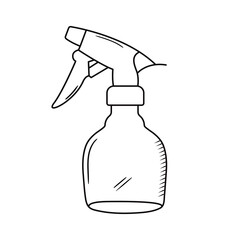 Outline doodle vector illustration of sprayer bottle. Hand drawn atomizer for hair styling, cleaning. Hairdresser equipment icon isolated on white background