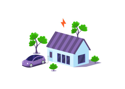 Electric Car Recharged With Electricity From A House. Green Infrastructure Vector Concept Illustration